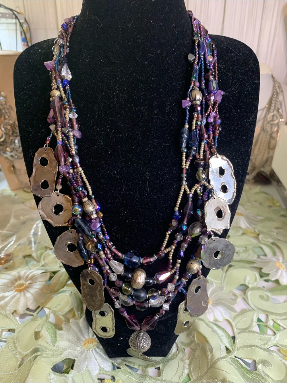 Multi-Strand Purple Beads and Metal Plated Statement Necklace - Brand Unbranded
